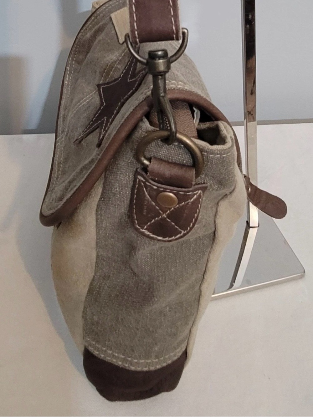 Myra Bag Canvas Leather Star Brown Trim Shoulder Bag Khaki Taupe - Picture 6 of 16